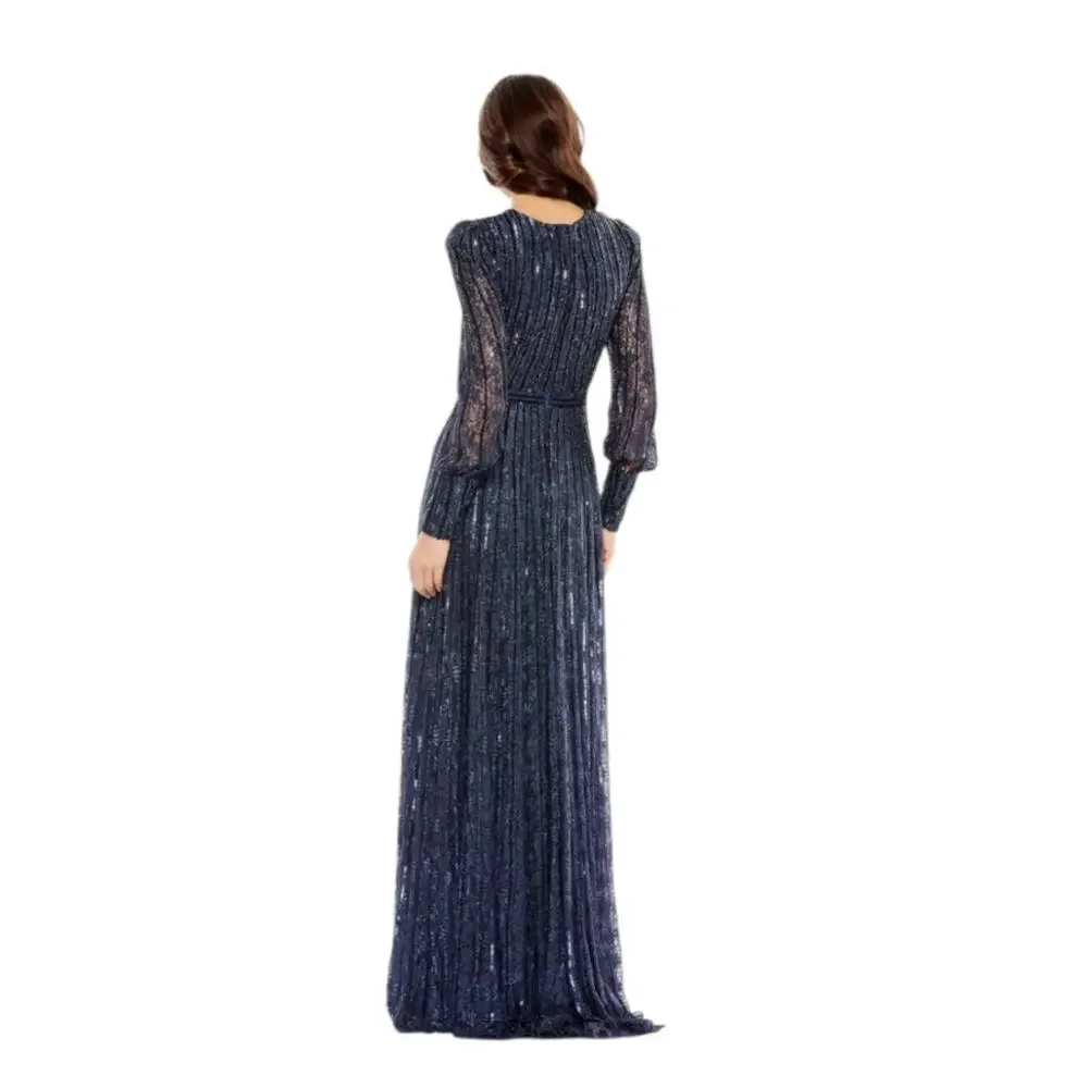 Mac Duggal 93679D Midnight Navy Blue Beaded Lace Long Sleeve Wrap Gown 18 Dress - Picture 9 of 12